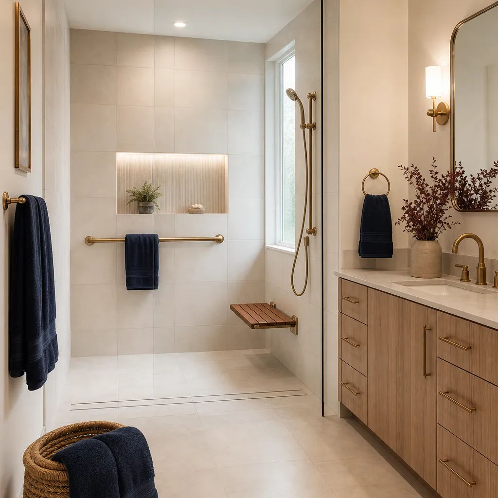 Illustrative curbless shower with a flush linear drain, fold-down teak bench and brass grab bar