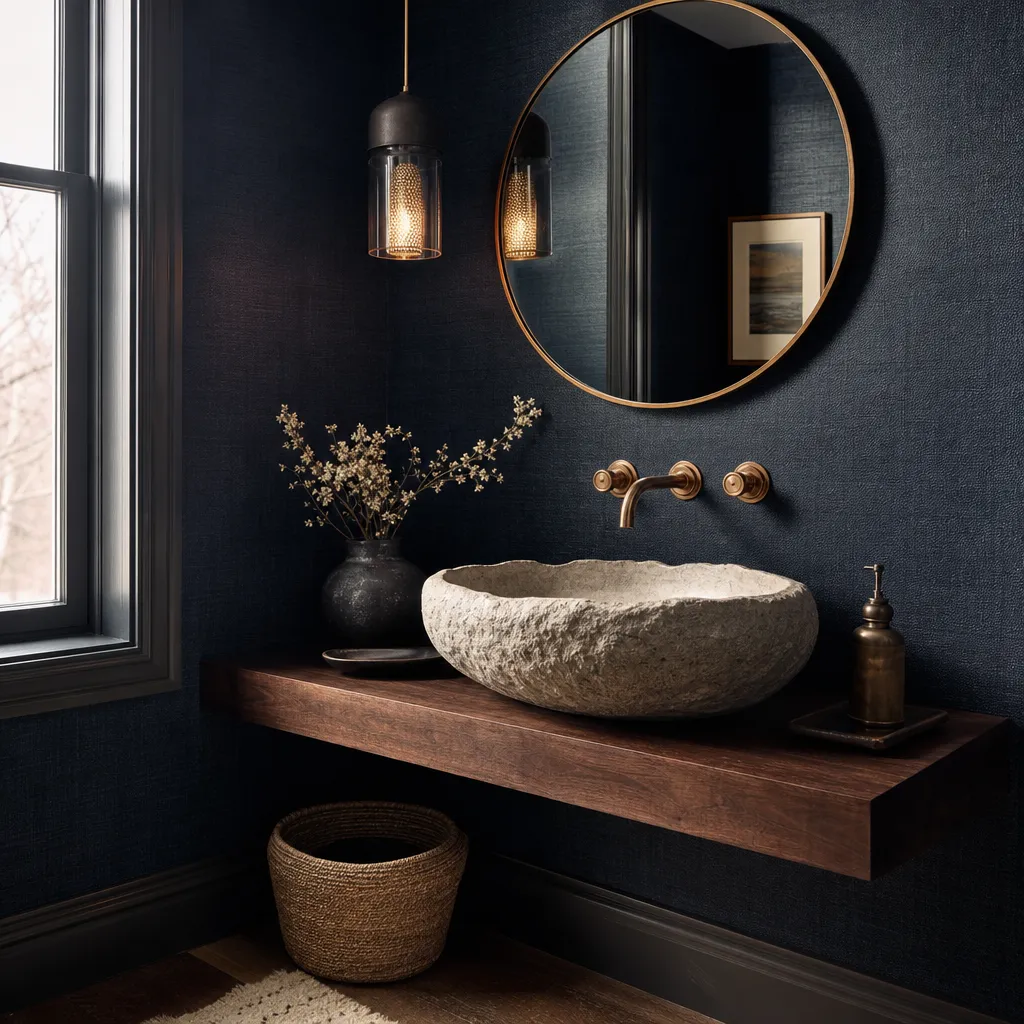 Illustrative powder room with navy grasscloth walls, a stone vessel sink and a round brass mirror
