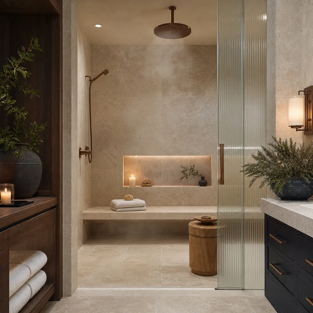 Illustrative spa-style steam shower with a long limestone bench, rain head and fluted glass