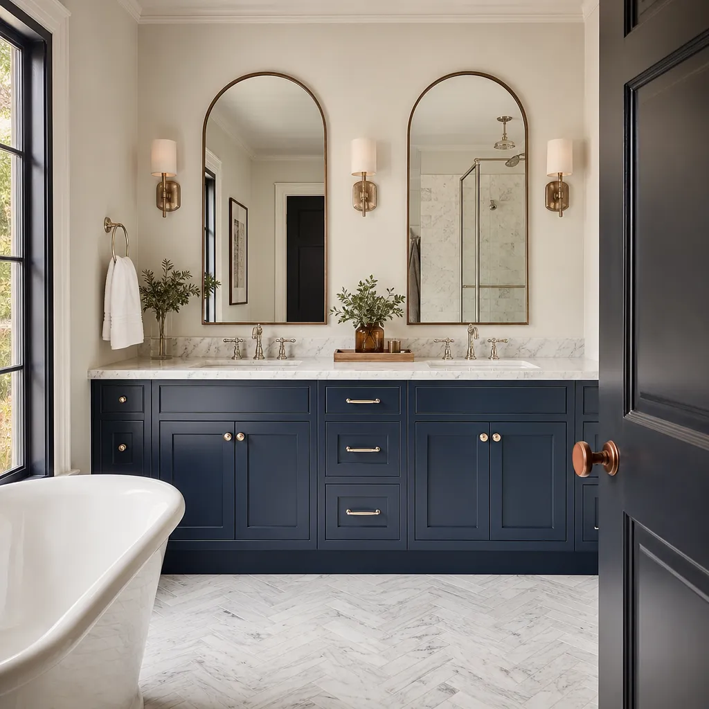 Illustrative transitional bathroom with a navy inset-door vanity, marble top and arched mirrors