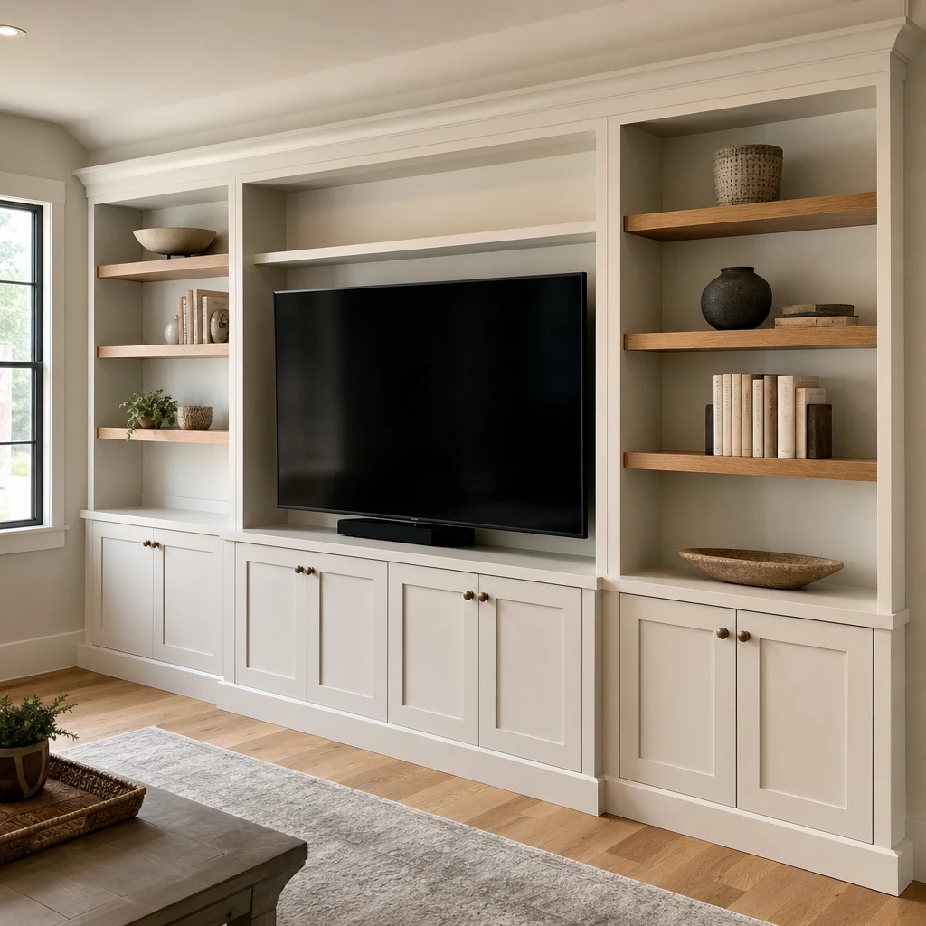 Illustrative warm oak built-in bookcase and lower cabinets set into a living room wall