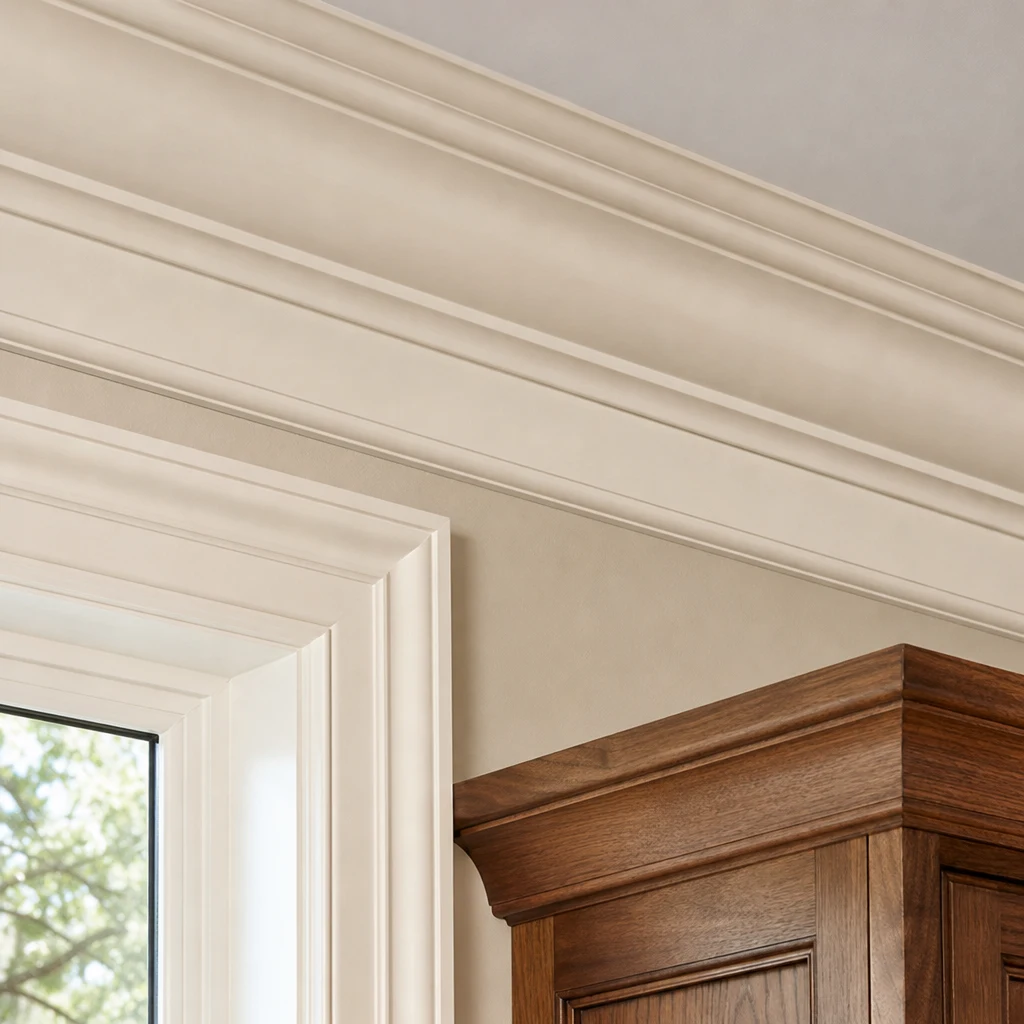 Illustrative close view of finished trim meeting at a painted corner