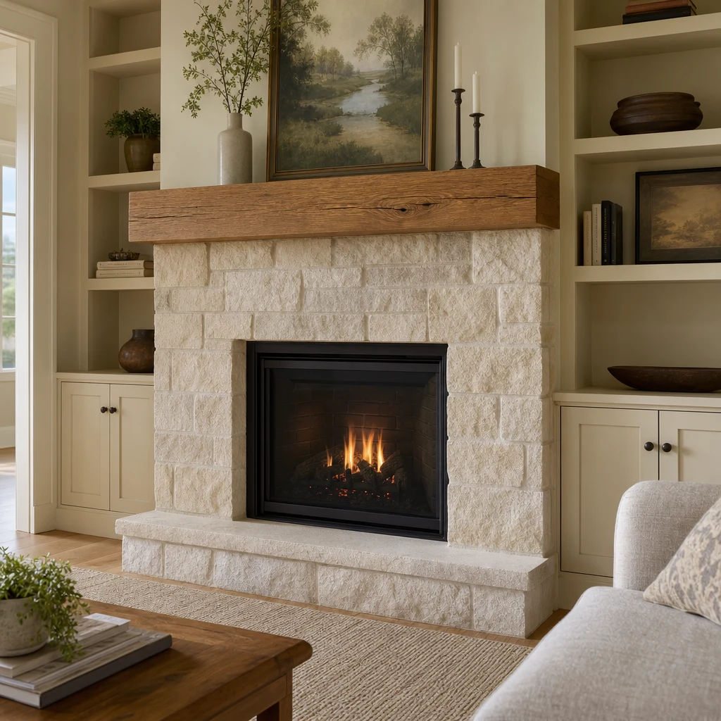Illustrative fireplace with a walnut mantel and off-white built-in cabinets on either side