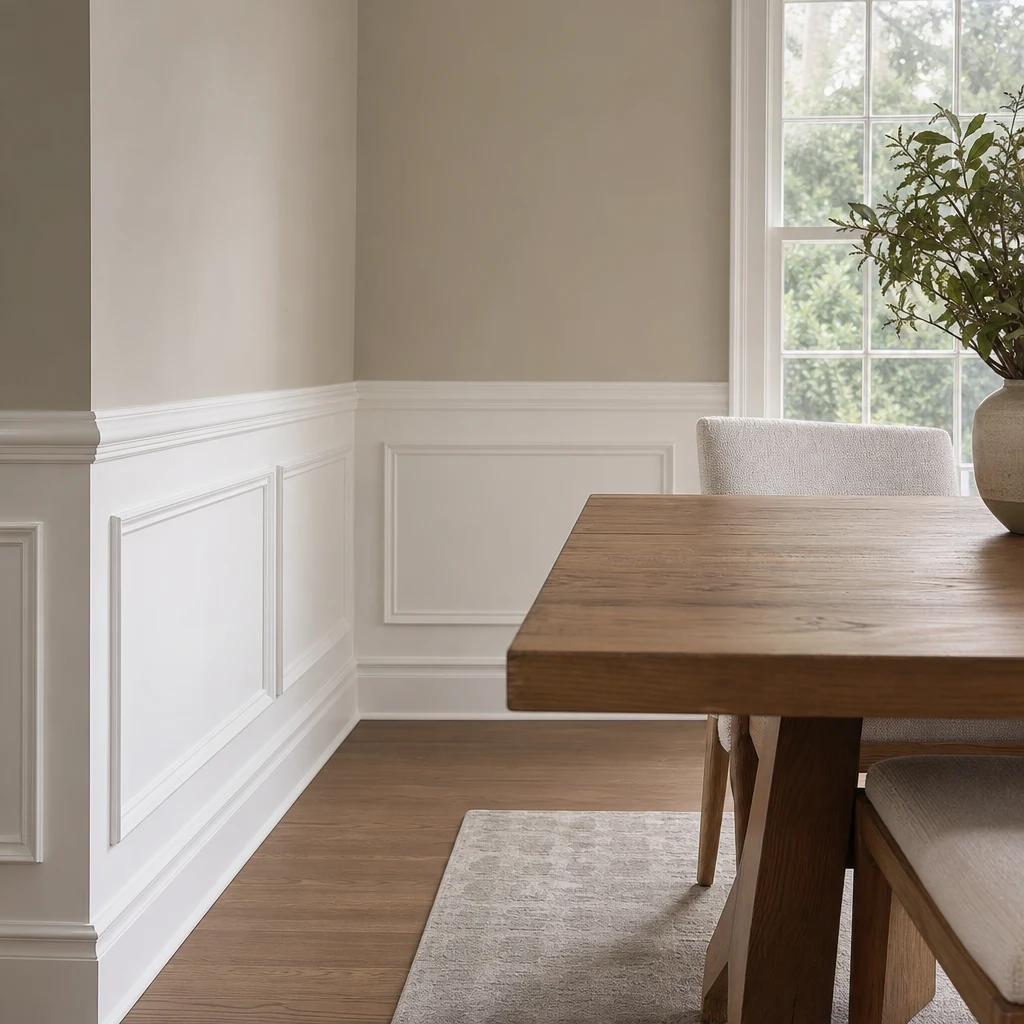 Illustrative off-white wainscoting with evenly spaced panels and a cap rail along a dining room wall