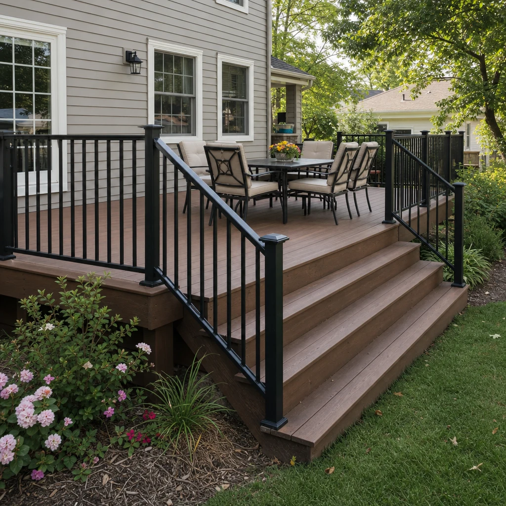Illustrative backyard deck with wide stairs, slim black railings and an outdoor dining table in natural daylight