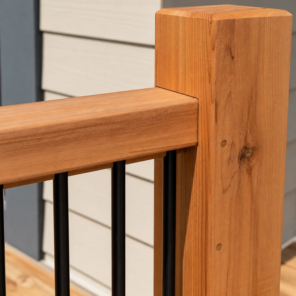 Illustrative close view of cedar deck handrail joinery at a timber post with black metal balusters