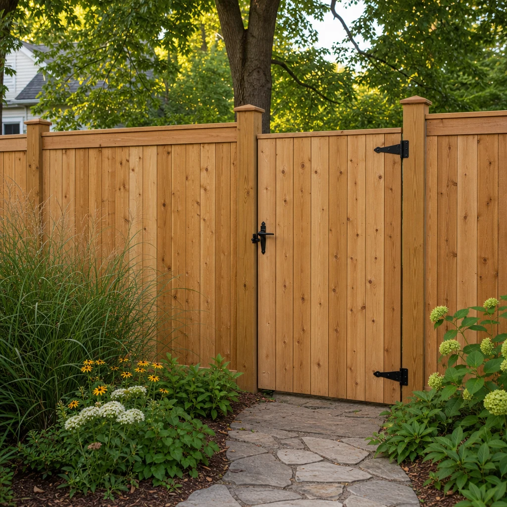 Illustrative cedar-toned privacy fence with a matching framed gate along a planted backyard border