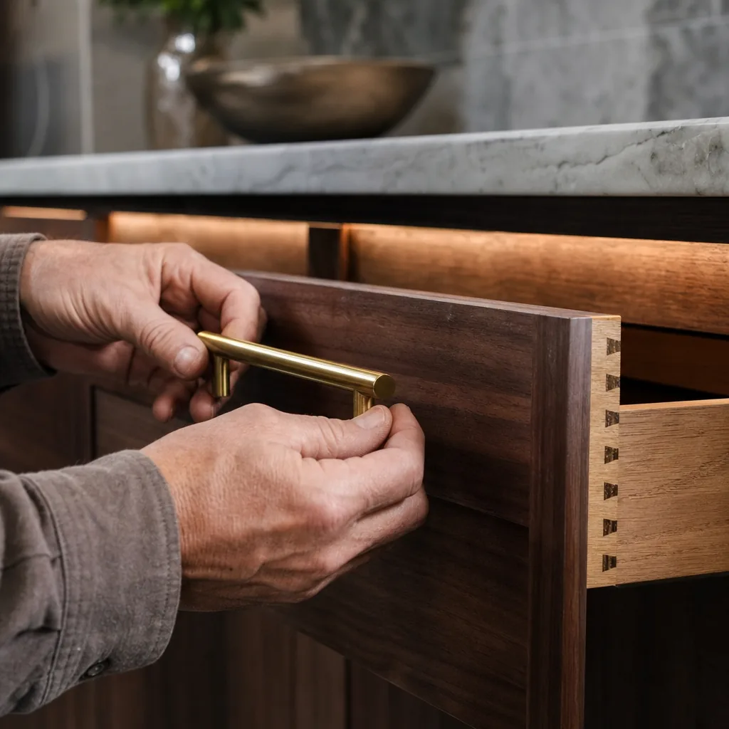 Illustrative close-up of brass hardware being fitted to a dovetailed walnut cabinet drawer