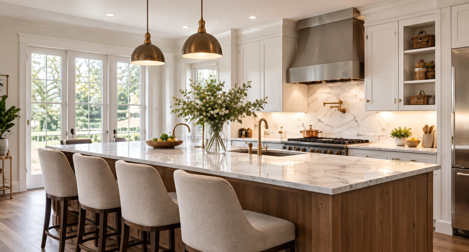 Bright, carefully finished kitchen with a long stone island