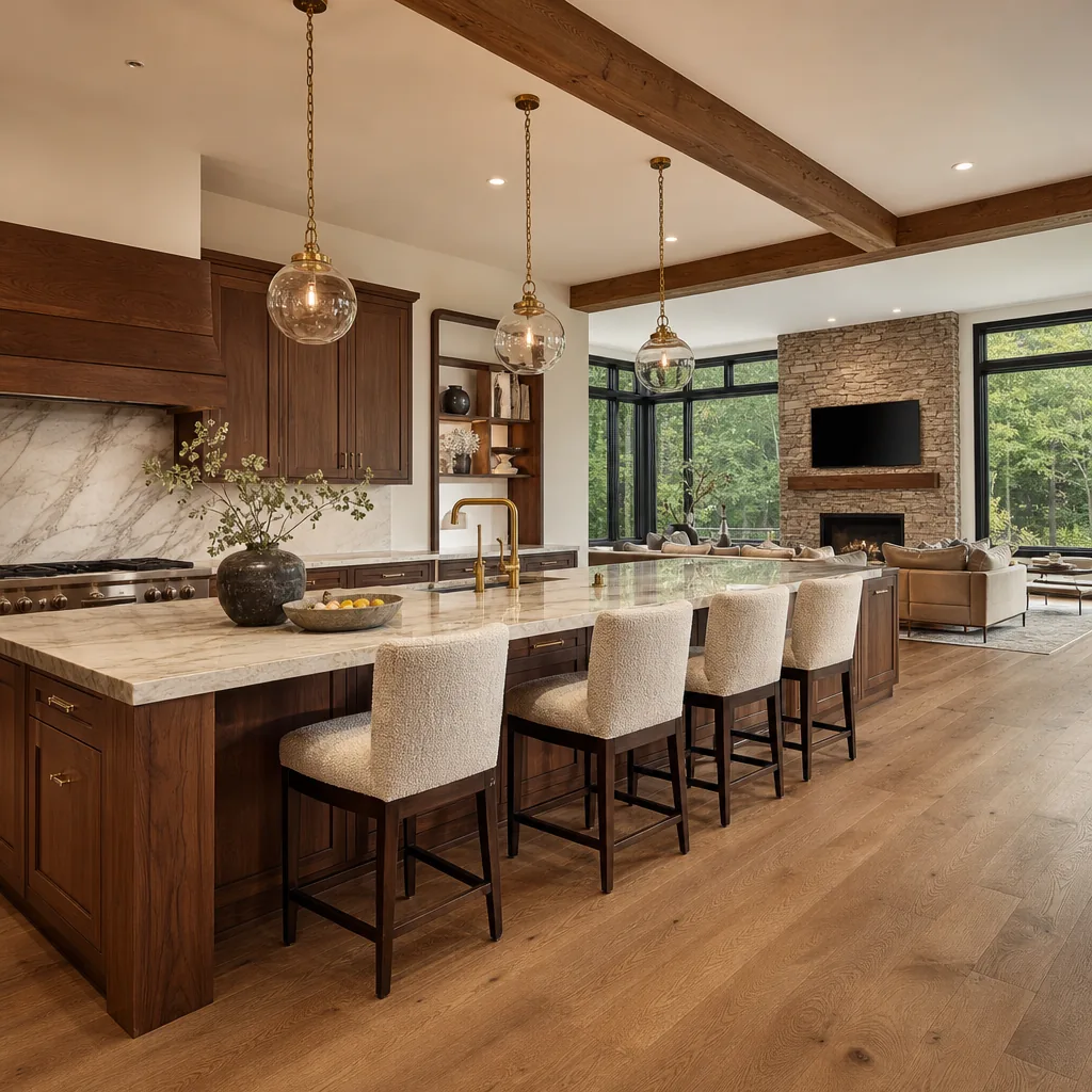 Illustrative open-concept kitchen with a walnut island, quartzite top and glass pendant lights