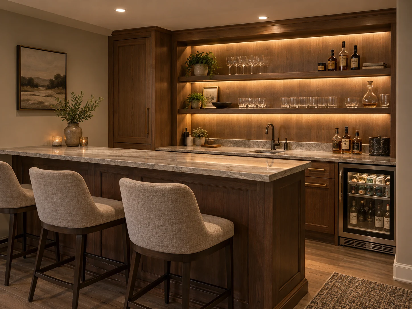 Illustrative basement wet bar with walnut cabinetry, stone counters, a beverage refrigerator and upholstered stools