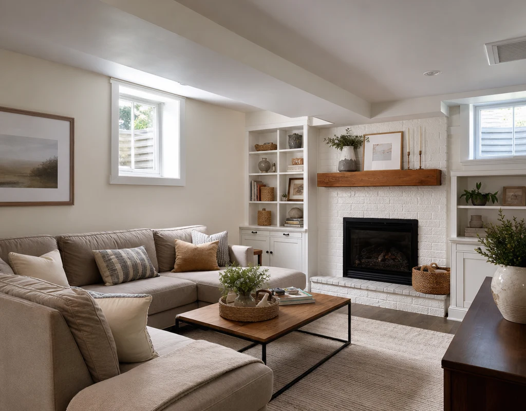 Illustrative bright lower-level family room with white built-in bookcases around a painted brick fireplace
