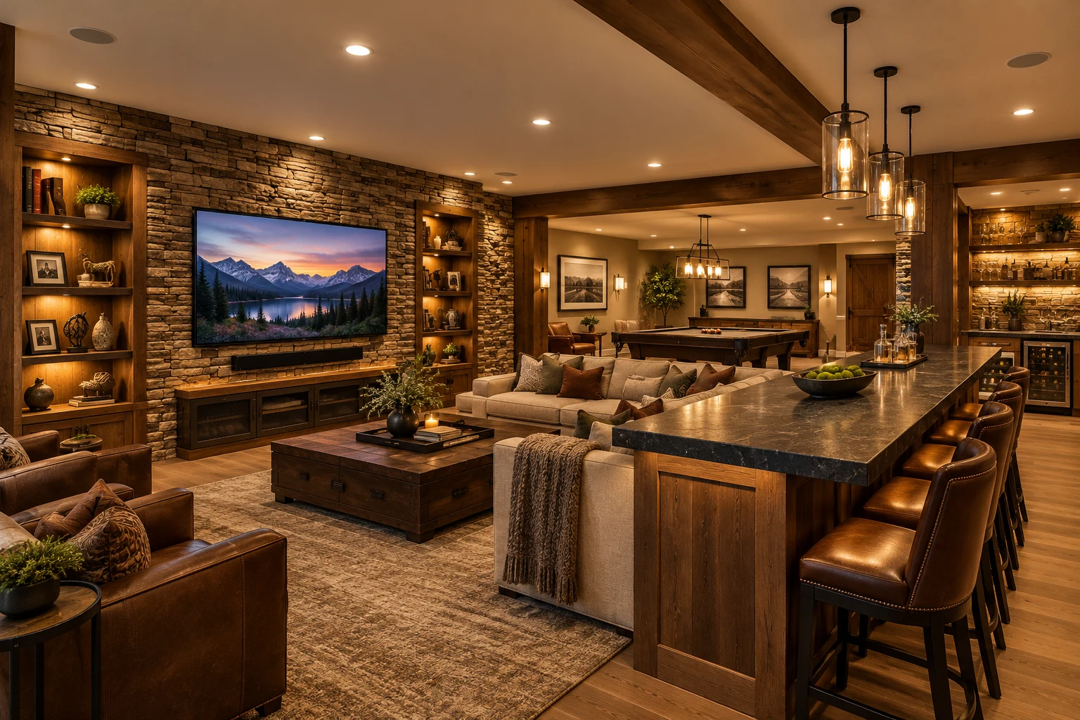 Illustrative rustic basement entertainment lounge with a stone television wall, illuminated wood built-ins, custom bar, leather seating and pool table