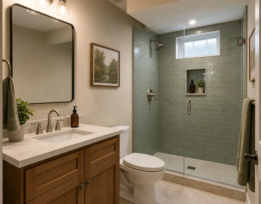 Illustrative basement guest bathroom with a sage tile shower, oak vanity and a small high window