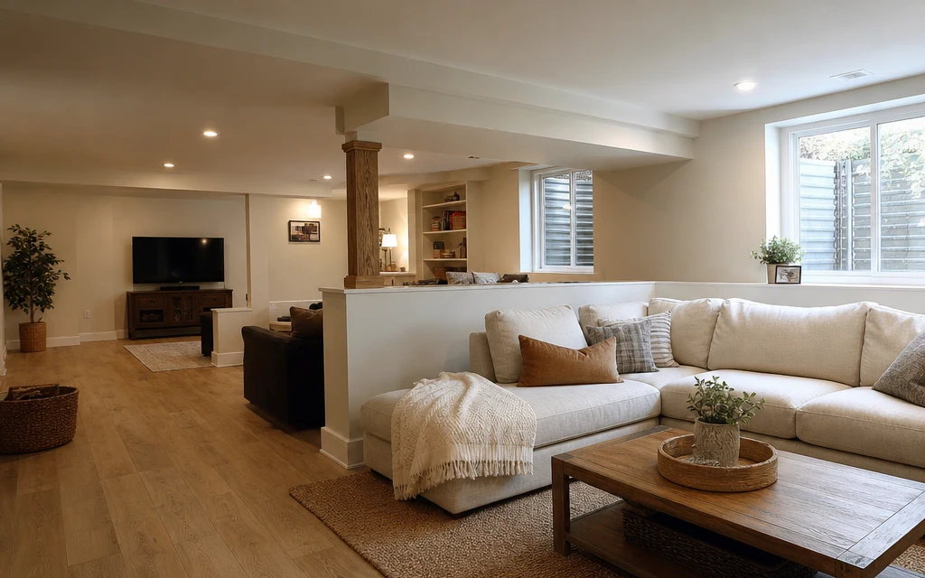 Illustrative finished lower level with a linen sectional, light oak flooring, a post built into an oak-capped half-wall and daylight from basement windows