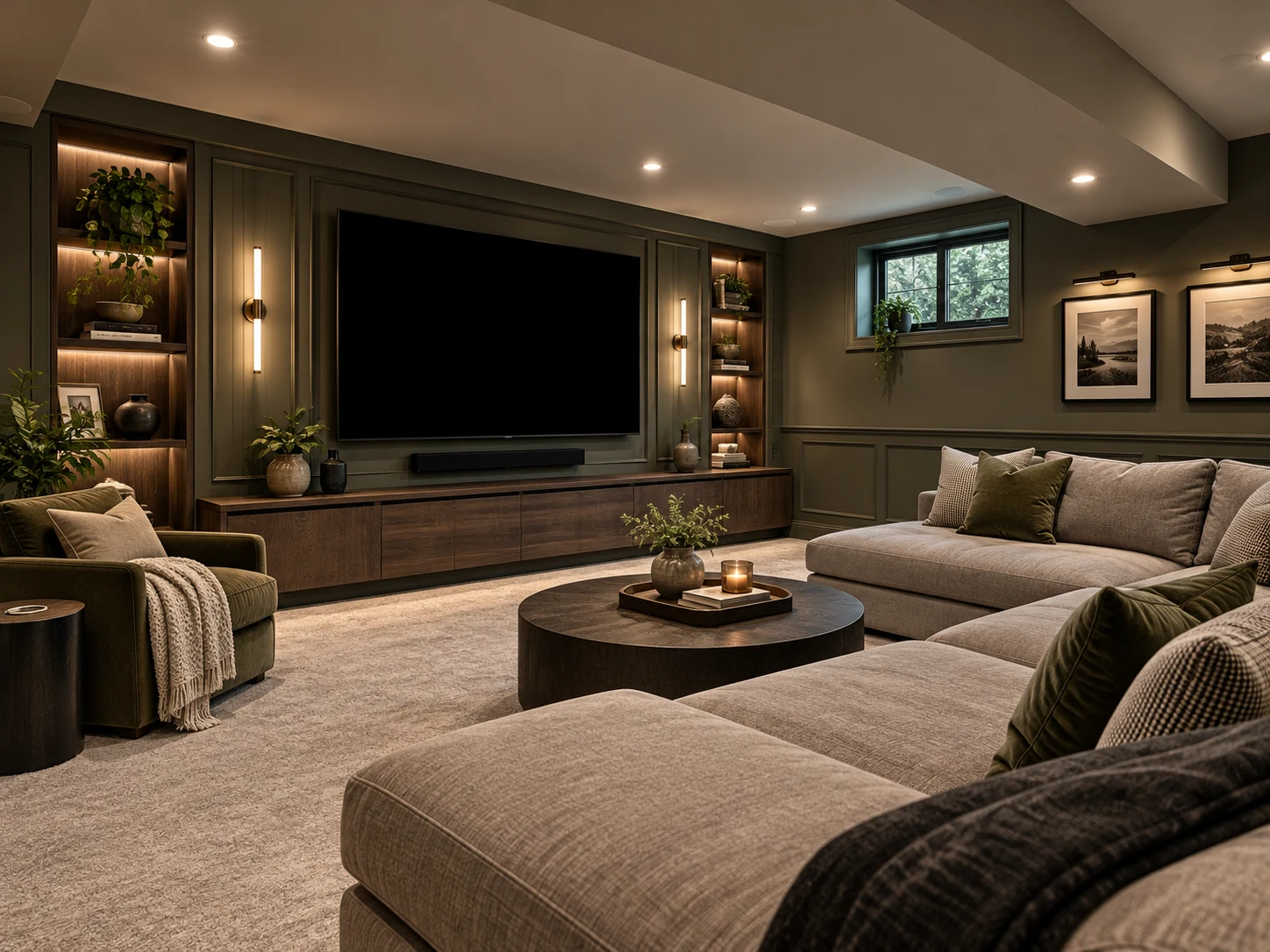Illustrative olive-toned basement home theater with illuminated built-ins, a large television, walnut cabinetry and a comfortable sectional sofa