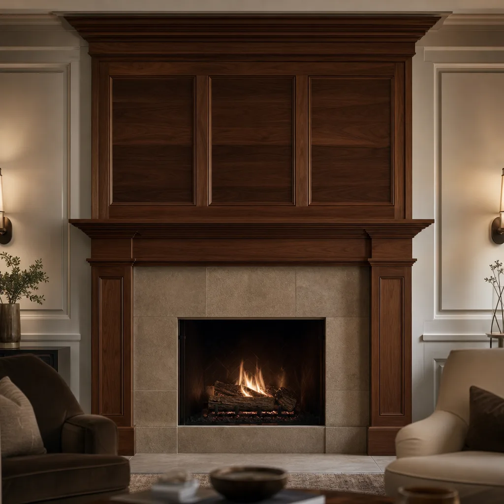 Illustrative paneled walnut fireplace mantel with a stone surround and crown molding