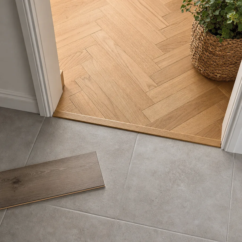 Illustrative oak herringbone floor meeting porcelain tile at a flush wood threshold