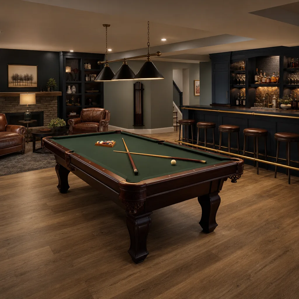 Illustrative game room lounge with a pool table, navy bar cabinetry and leather chairs