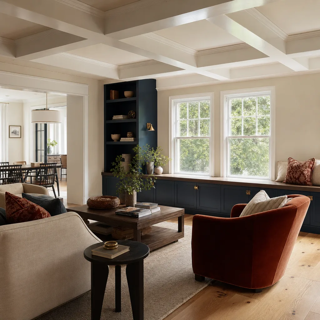 Illustrative living room with navy built-in cabinetry, crown molding and wide-plank wood floors