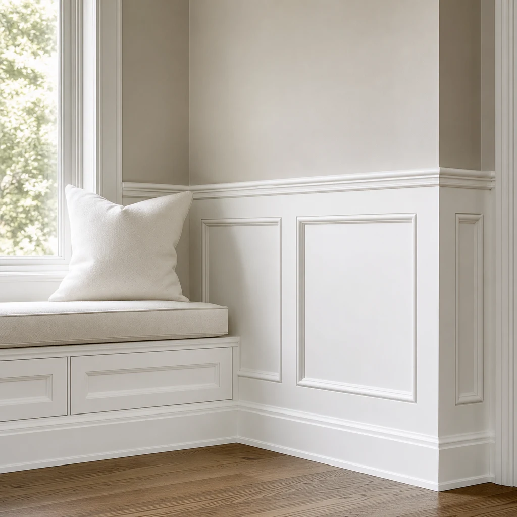 Illustrative all-white painted raised-panel wainscoting and matching built-in window seat