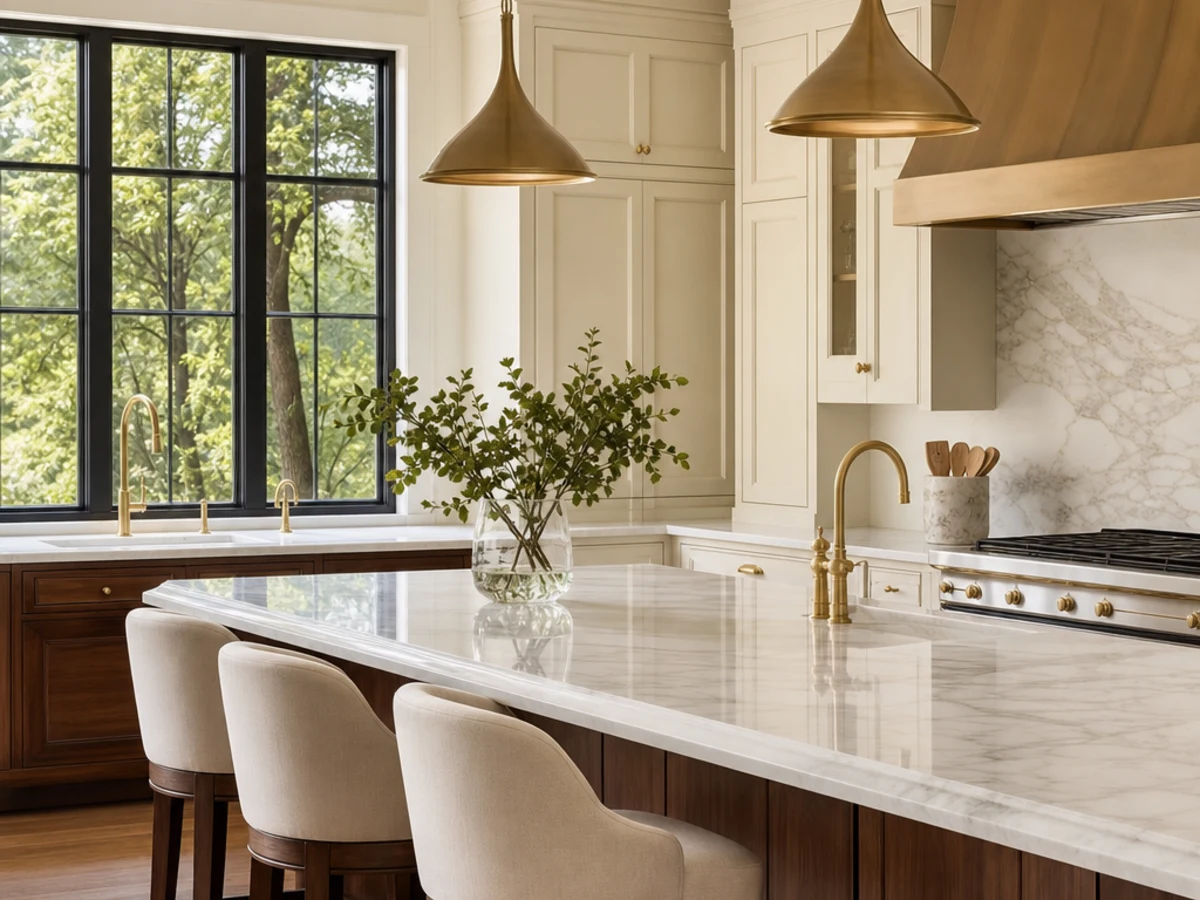 Finished kitchen with a marble island, walnut base and brass pendant lights
