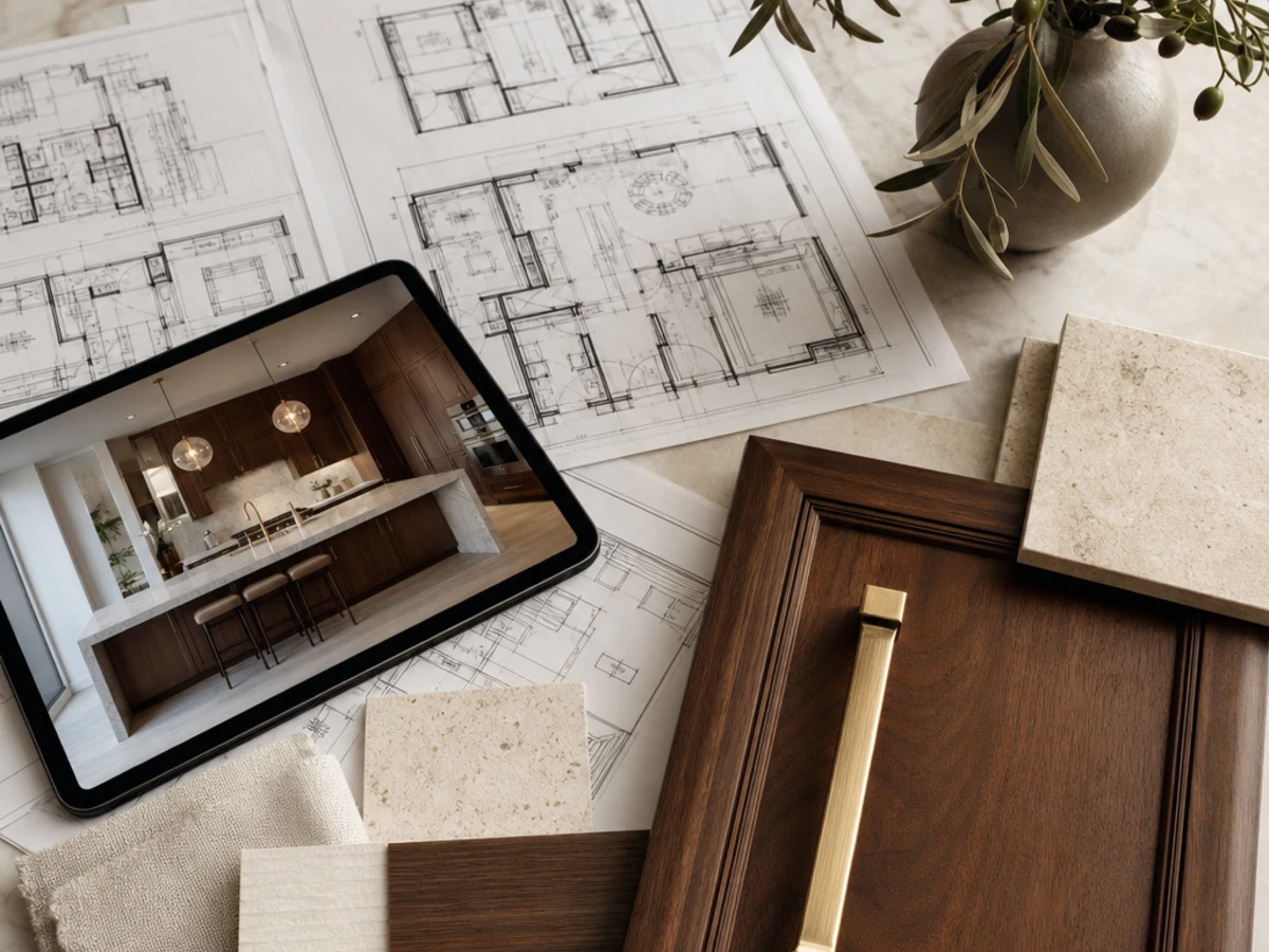 Architectural floor plan drawings beside cabinetry, stone and finish samples