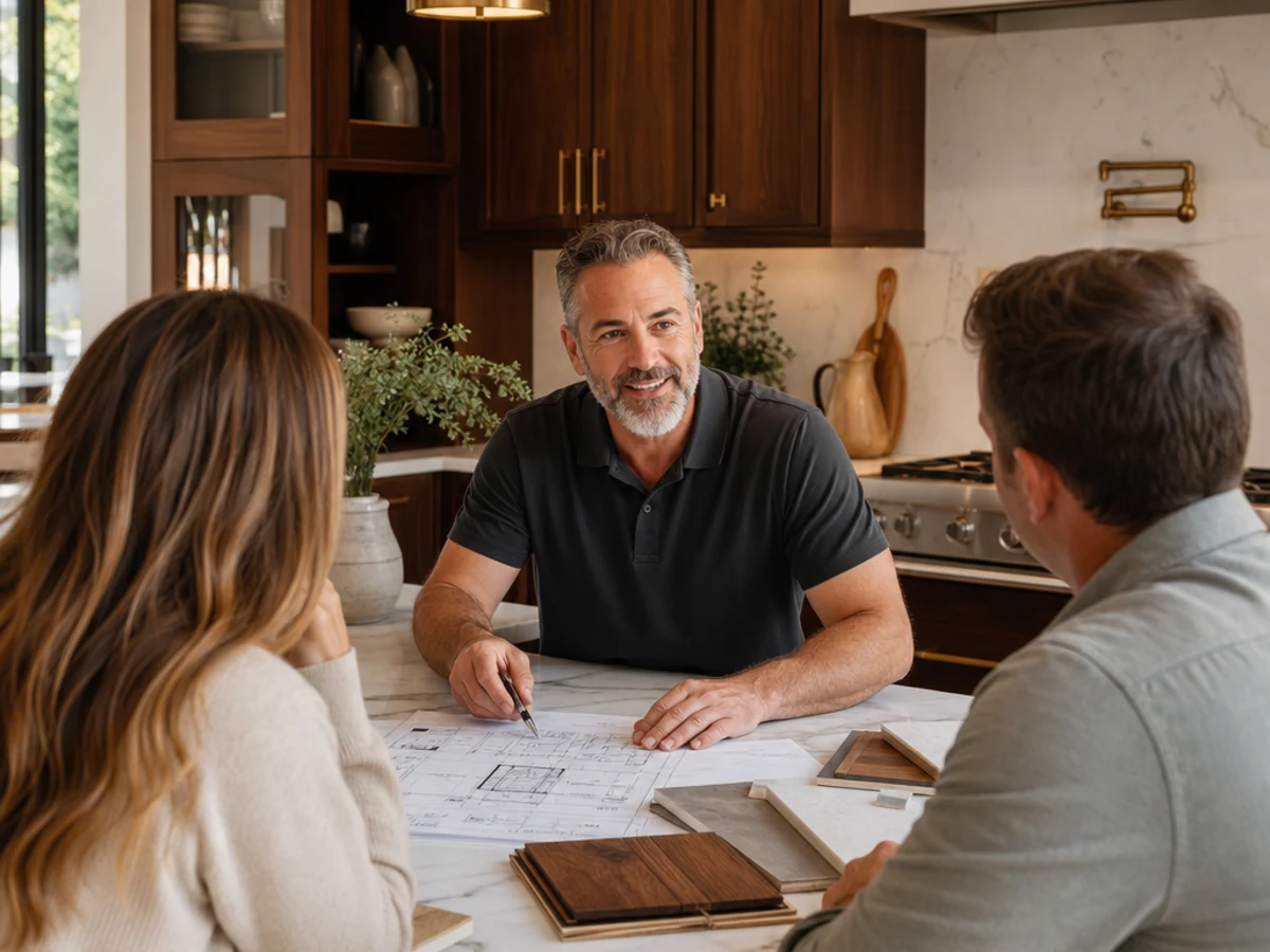 Homeowners reviewing remodeling plans with a project consultant at a kitchen island