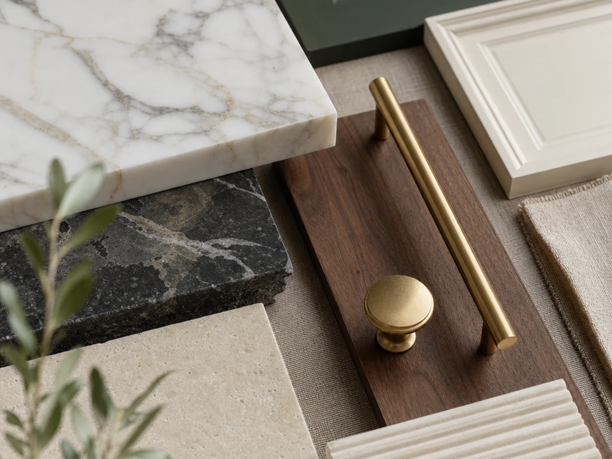 Brass cabinet hardware arranged on marble, tile and walnut finish samples